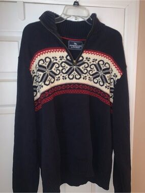 American Living Men's Navy Zip-Up Sweater with Red & Cream Fair Isle Yoke